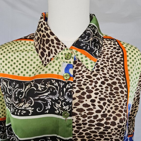 Kaktus XL Patchwork Print Button Front Tie Blouse - Picture 3 of 8